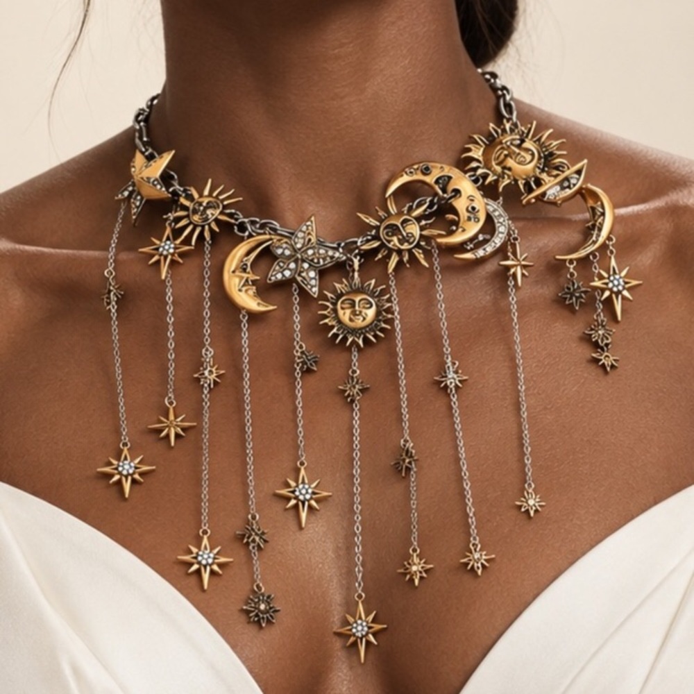 Vintage Celestial Sun & Moon Dangle Necklace 24k Gold Plated